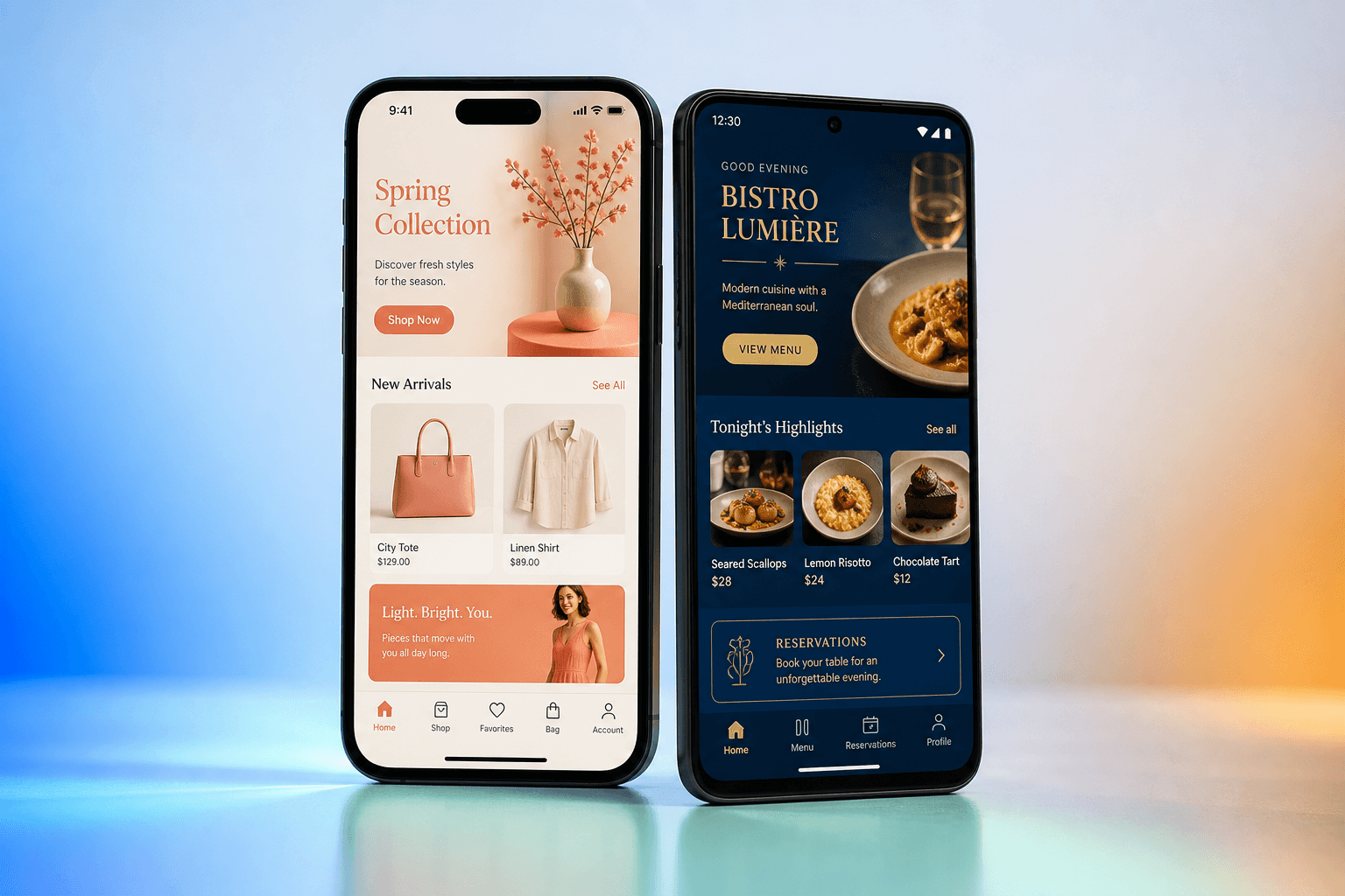 An iPhone and an Android phone showing colourful native apps built from a website