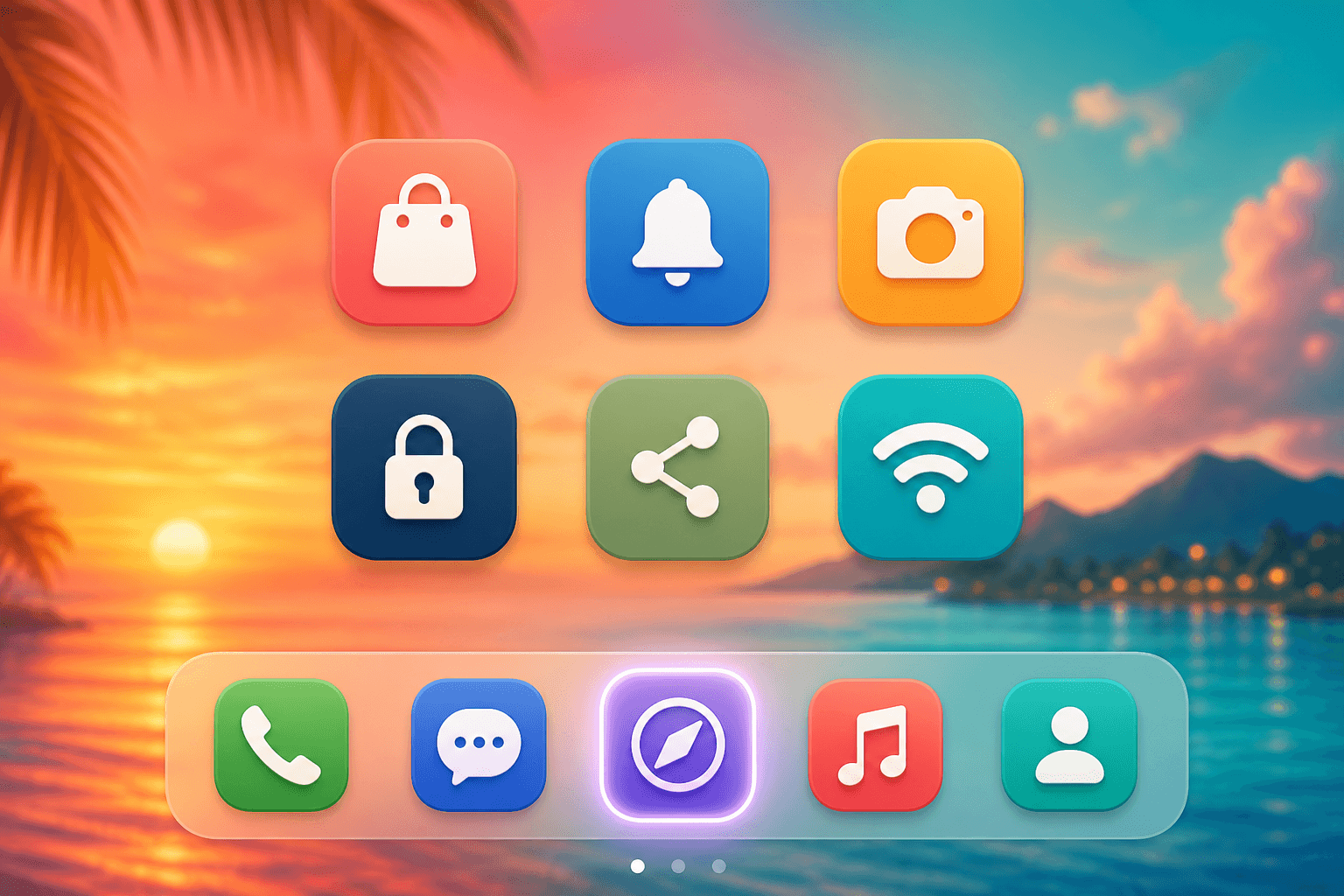 A colourful phone home screen with a custom app icon on the dock