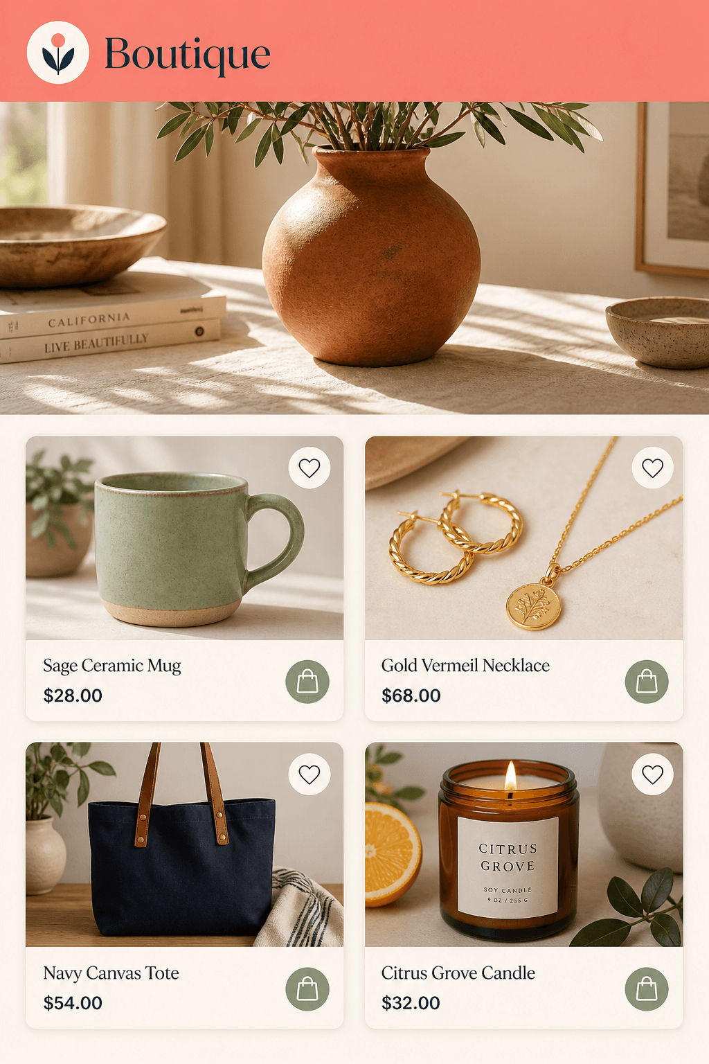 A boutique shopping app on a phone, with native tabs instead of a browser bar